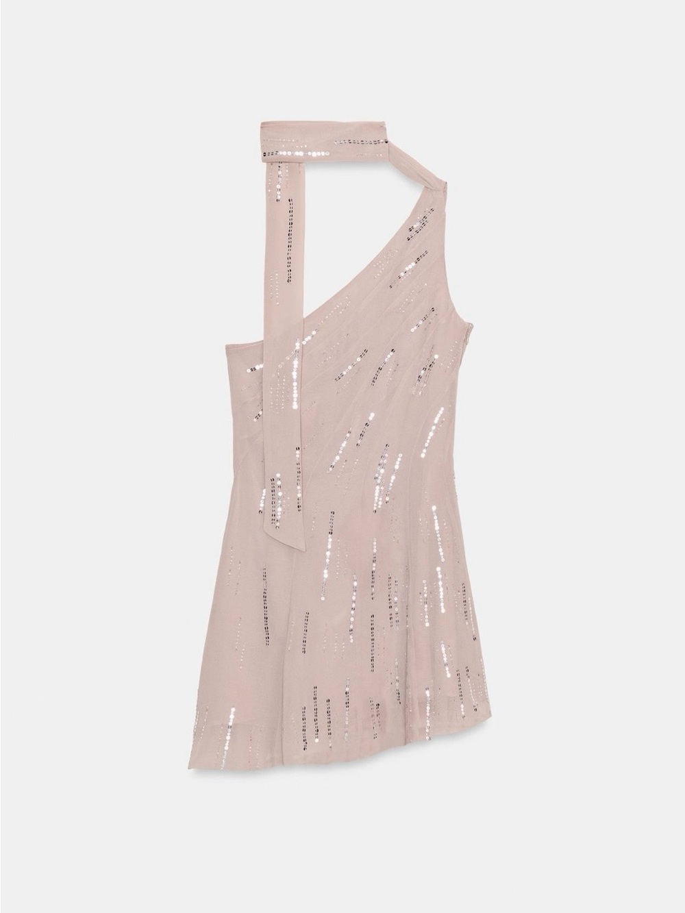 BNWT Zara Stone Grey Sequin Beaded Foulard Scarf Mini Dress